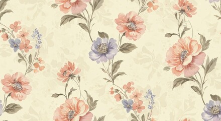 Watercolor Floral Pattern: Peach Purple and Blue Flowers.