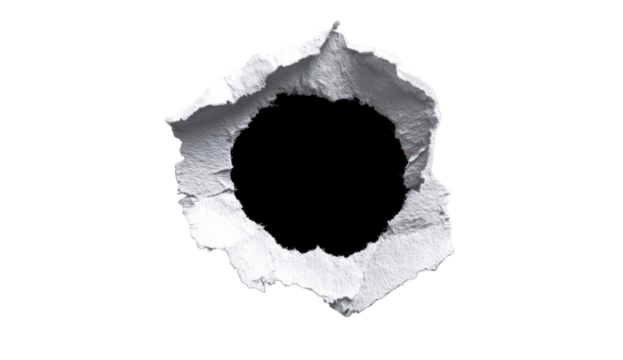 A circular hole punched through a white surface, revealing a dark center.  The edges of the hole exhibit irregular, crinkled paper texture