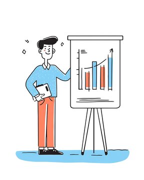 man presenting chart, blue sweater, orange pants clip art preview