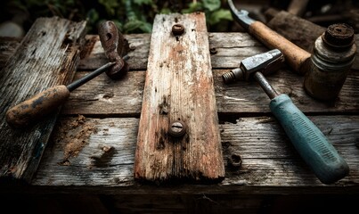 A rustic workbench scene featuring aged wood and various vintage hand tools in dim lighting conditions