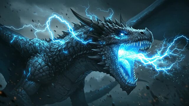 Majestic dragon unleashing lightning in stormy skies