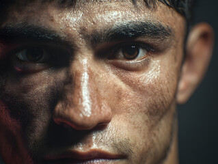 Obraz premium Intense close-up of determined athlete's face showing sweat and grit after hard training