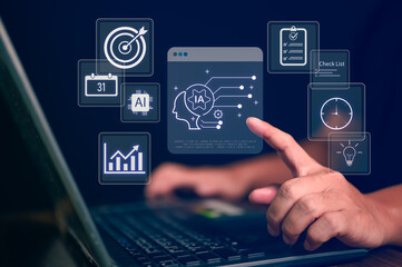Artificial intelligence technology for business planning and project management with finger touching virtual icons, including analytics, checklist, calendar, and growth chart for digital innovation.