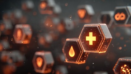 Abstract digital health icons, glowing orange, hexagons