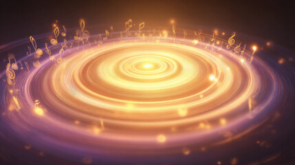 Obraz premium Concentric sound circles with glowing notes illustrate spreading therapeutic music vibrations for mental and physical healing in abstract style