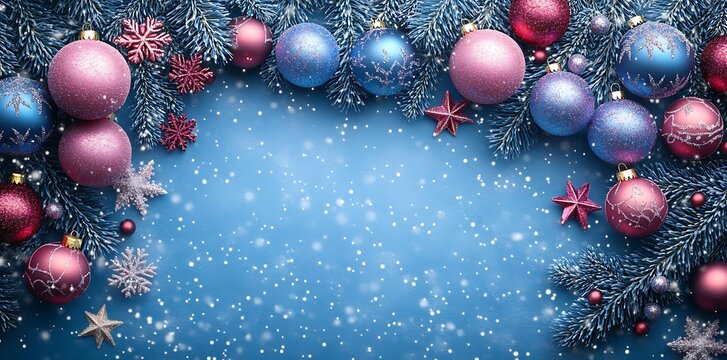 Blue and pink Christmas ornaments on pine branches with falling snow image