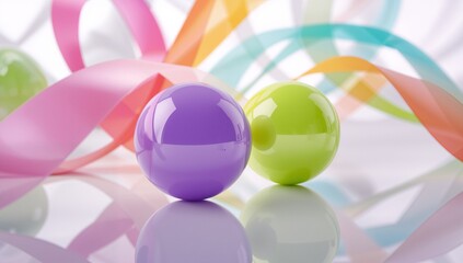 colorful balloons background, Colorful glossy spheres with pastel ribbons on shiny surface