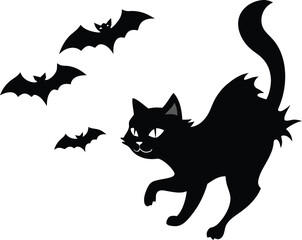 Black cat silhouette chasing flying bats artwork