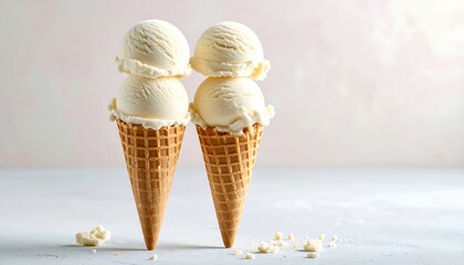 Side view of  creamy gelato scoops stacked in a waffle cone