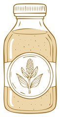 Hand-drawn vector illustration of a glass bottle with plant-based grain milk and a cereal logo.