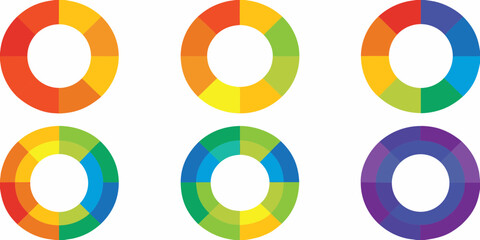 Obraz premium Six colorful circular diagrams with segmented rings and a white background