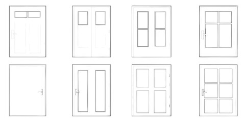 Collection of eight different exterior door designs and styles in a simple line drawing sketch