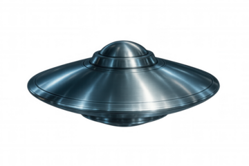 Metallic ufo hovering, highlighting futuristic spacecraft design with sleek metallic surface against transparent backdrop