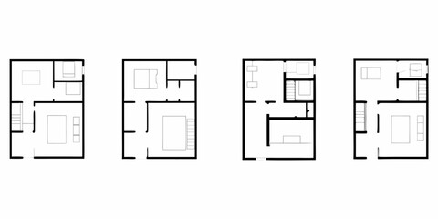 Four simplified floor plans of houses showing bedrooms bathrooms and stairs