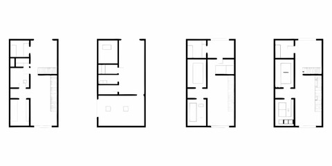 Four simplified black and white floor plan layouts for residential buildings