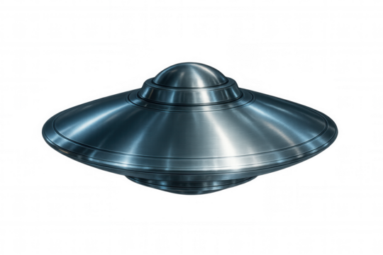 Metallic ufo hovering, highlighting futuristic spacecraft design with sleek metallic surface against transparent backdrop