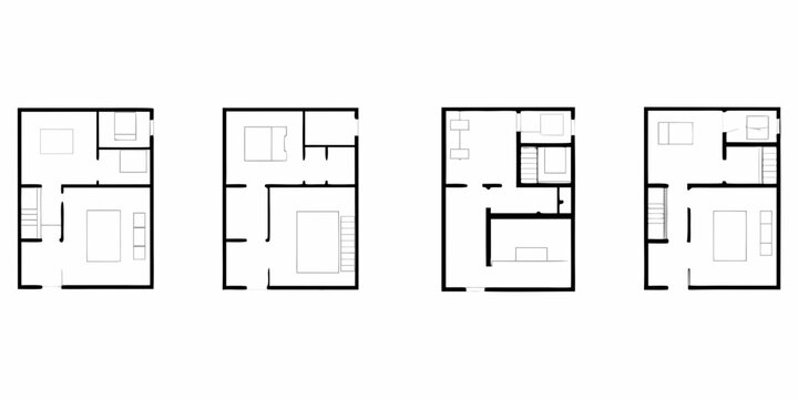 Four simplified floor plans of houses showing bedrooms bathrooms and stairs