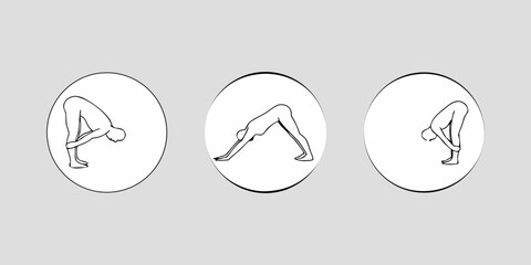 Three simple line art illustrations of yoga poses in circles on a gray background