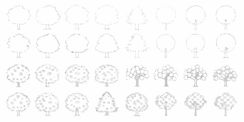 Collection of stylized trees in various shapes and forms with a simple sketched aesthetic