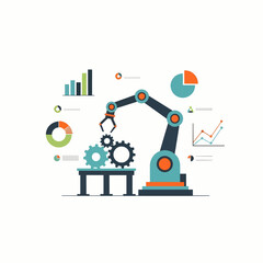 Robotic arm assembling parts  Minimal Flat Vector Illustration for science, research, laboratory, templates, and brandless design