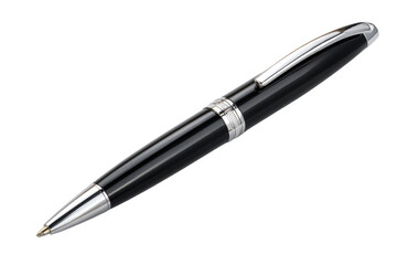 A black ballpoint pen, angled, with silver accents