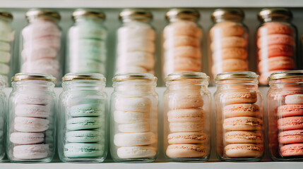 Pastel macaron display in natural light, showcasing a French patisserie with a soft color palette.