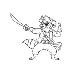 Fototapeta premium Vector art of a cartoon raccoon dressed as a pirate with a sword and hook,ready for a sea adventure and a hunt for hidden treasure