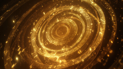 Concentric sound circles with glowing notes illustrate spreading therapeutic music vibrations for mental and physical healing in abstract style