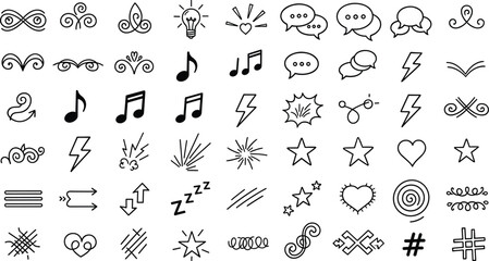 Beautiful Hand-drawn comic doodle icons set vector, speech bubbles, music notes, lightning, hearts, stars, sketchy symbols for design and illustration