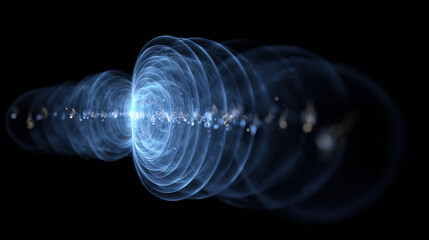 Concentric sound circles with glowing notes illustrate spreading therapeutic music vibrations for mental and physical healing in abstract style