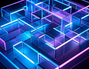 Obraz premium An abstract glass maze glows with futuristic neon light, creating a complex and stunning geometric pattern.