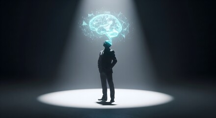 Obraz premium A person in a business suit contemplating a glowing digital brain under a spotlight in a dark room.