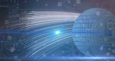 Animation of icons over globe with binary code in navy space - Powered by Adobe