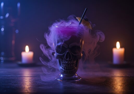 Colorful Smoke Cocktail in Skull Glass Surrounded by Candles and Mysterious Lighting Effects