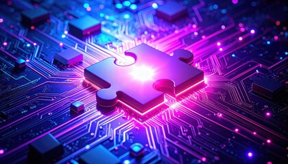A glowing puzzle piece sits on a vibrant circuit board, symbolizing technology and problem-solving in a digital landscape.
