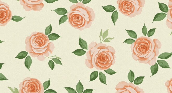Watercolor Rose Pattern: Peach Roses and Green Leaves on Cream Background.