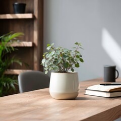 Obraz premium calming plant in ceramic pot on wooden office desk