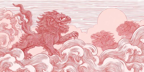 A stylized depiction of mythical creatures, rendered in delicate line work, ascending amidst swirling clouds and waves, set against a pale pink background.