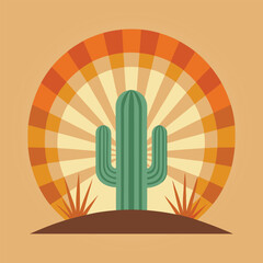 Desert cactus inside concentric sunburst arcs