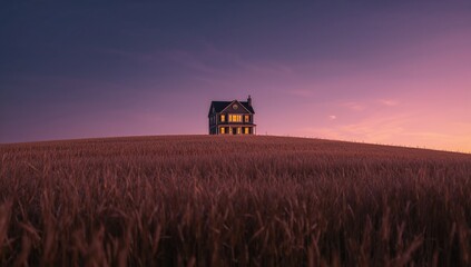 Fototapeta premium Cozy house with light in wheat field landscape