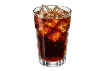 Chilled cola drink with sparkling ice cubes, highlighting refreshing beverage against crisp transparent backdrop