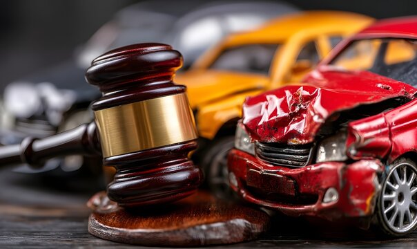 Gavel and damaged toy cars representing legal action after a car accident or traffic violation case