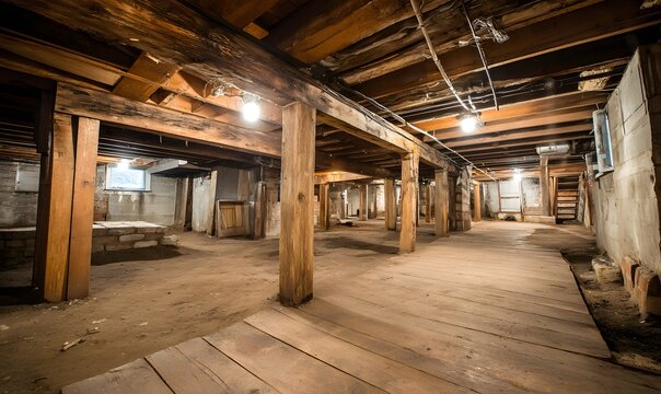 Interior view of a spacious crawl space with wooden beams and support posts under a building floor