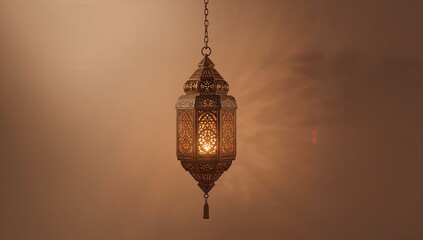 Ornate hanging moroccan lantern with intricate metalwork and amber glass glow