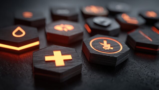 Dark hexagonal icons, glowing orange