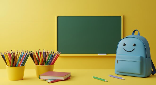 A cheerful back to school concept featuring a cute smiley backpack, colorful pencils, and a blank green chalkboard against a vibrant yellow background