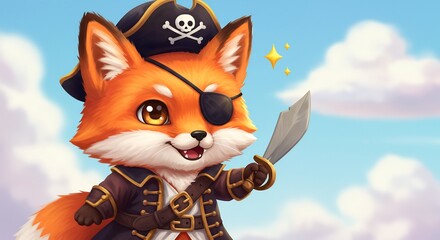 Obraz premium 陽光輝く空 海賊キツネ 可愛い笑顔 冒険始まる. AI Generated