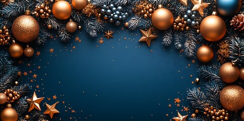 Festive Christmas border with gold ornaments pine branches and stars holiday frame