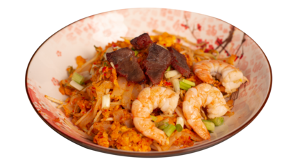 Stir fried kwetiau with shrimp and lapchiong. Served on brown stone plate. Transparant picture. Stir fried kwetiau with shrimp and lapchiong. Served on brown stone plate. Isolated from blac