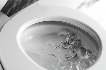 Close-up grayscale shot depicts a toilet bowl with splashing water, a circular rim, and clean surfaces